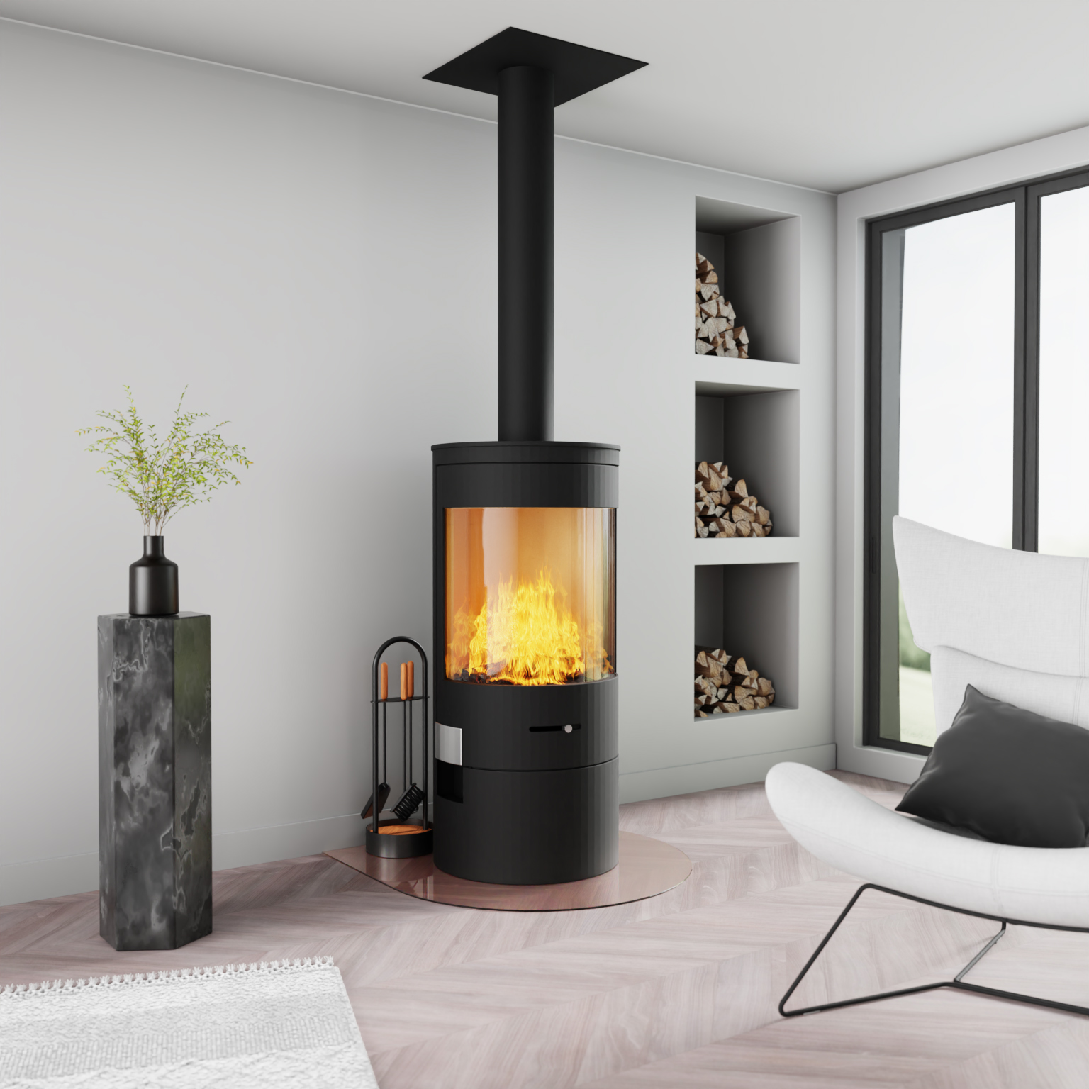 Tropfen-Funkenschutzplatte aus bronze getöntem Glas unter Kamin in modernem Wohnzimmer