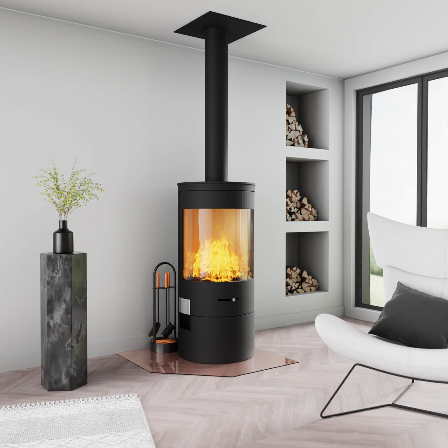 Fünfeckige Funkenschutzplatte aus bronze getöntem Glas unter Kamin in modernem Wohnzimmer
