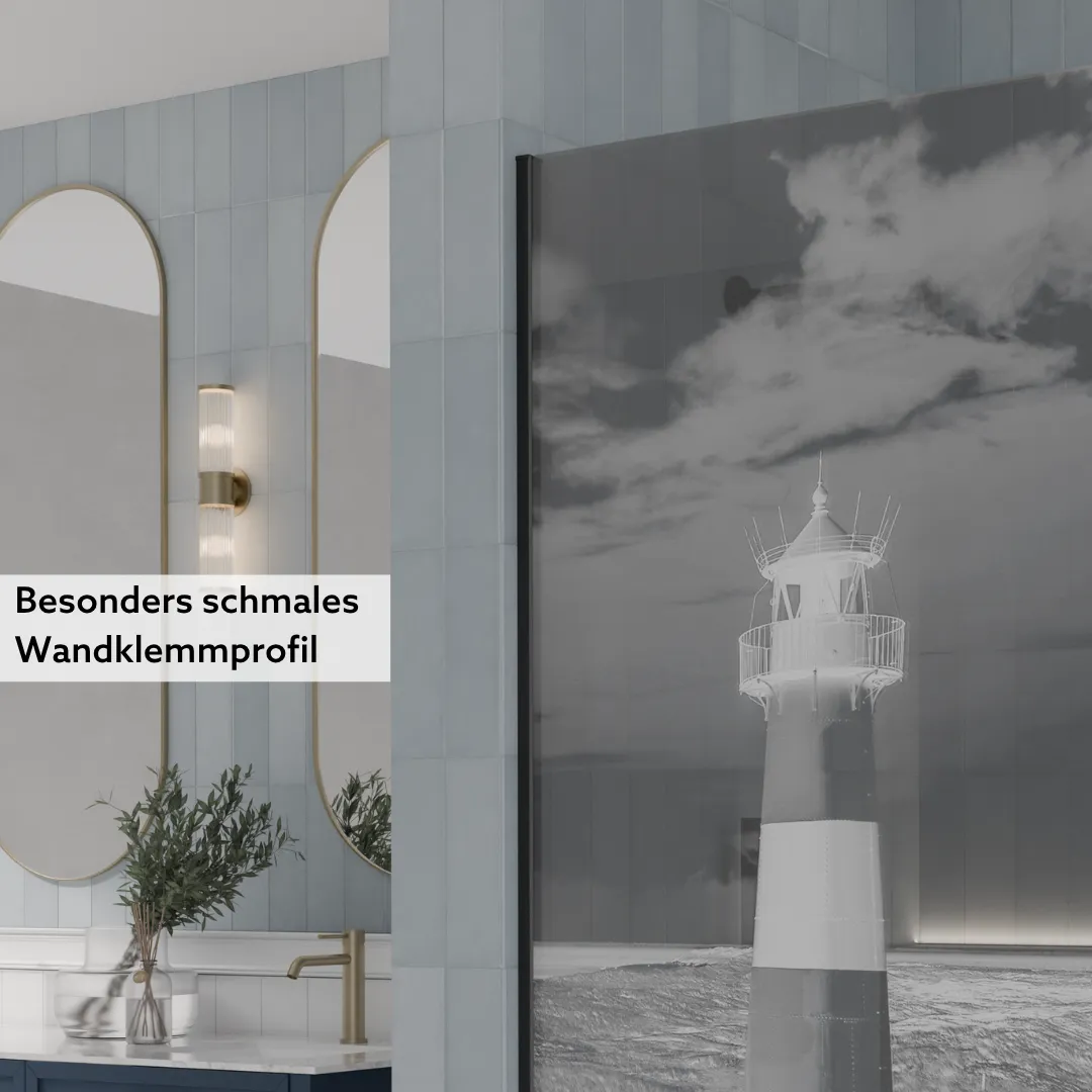 Wandklemmprofil Edelstahloptik Duschabtrennung mit Leuchtturmdekor