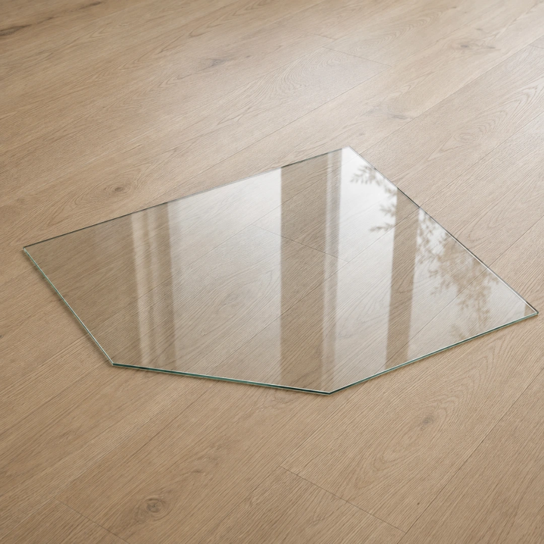 Funkenschutzplatte aus Klarglas in Fünfeckform, transparente Glasplatte als Bodenschutz vor dem Kamin auf hellem Holzboden