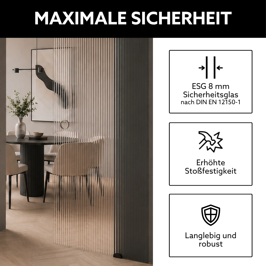 Glasschiebetür aus Riffelglas mit 8 mm ESG-Sicherheitsglas – robuste Schiebetür nach Maß für maximale Sicherheit im Wohnbereich