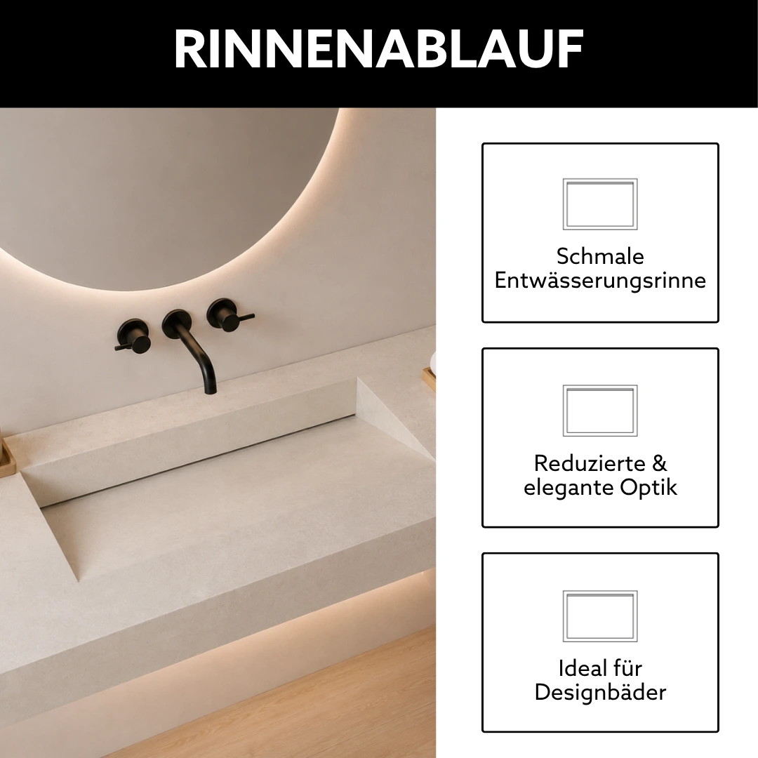 Keramik Waschtisch nach Maß mit Rinnenablauf, integrierte Entwässerungsrinne für eine reduzierte Optik und modernes Design im Badezimmer