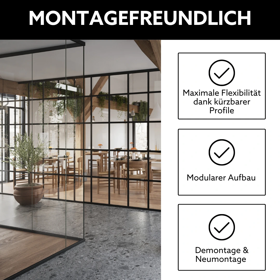 Glastrennwand in Cafeteria aus Klarglas mit schwarzen Sprossen