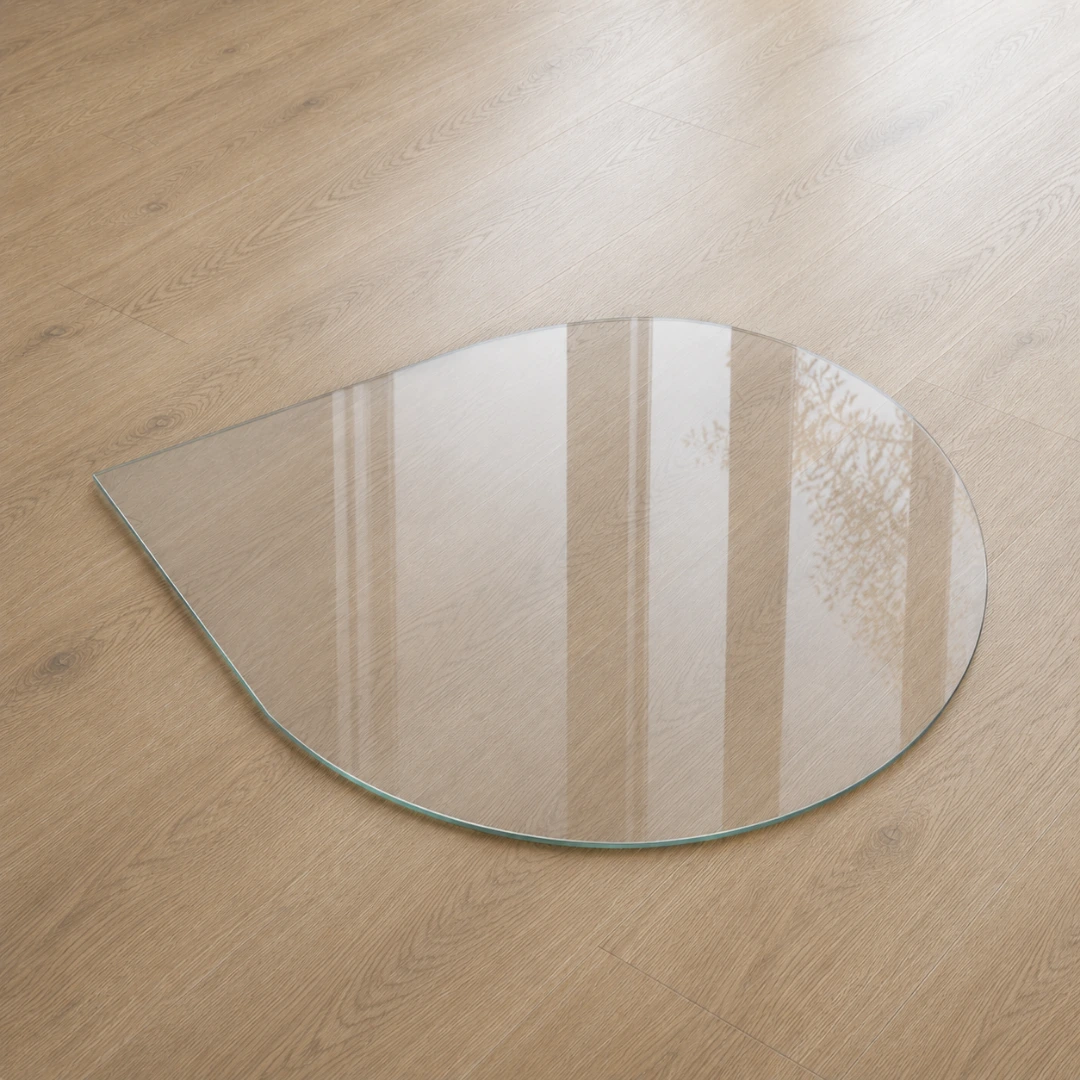 Funkenschutzplatte aus Klarglas in Tropfenform, transparente Glasplatte als Bodenschutz vor dem Kamin auf hellem Holzboden