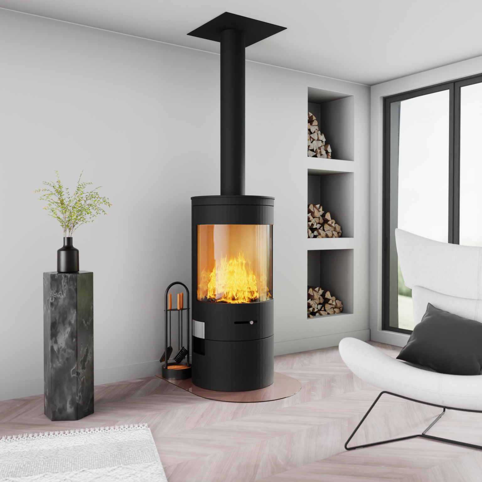 Rundbogen-Funkenschutzplatte aus bronze getöntem Glas unter Kamin in modernem Wohnzimmer