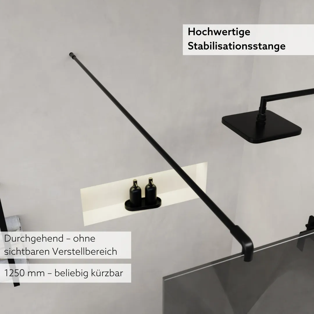 Duschtrennwand aus Grauglas von oben mit schwarzer Stabilisierungsstange