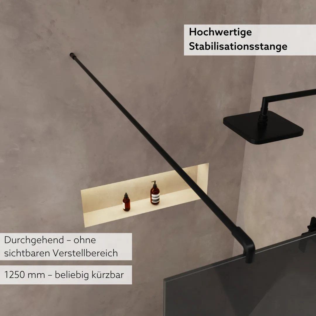 Walk In Dusche mit grauem Glas, schwarzen Beschlägen und Stabilisierungsstange, stabile Konstruktion und modernes Design für das Badezimmer