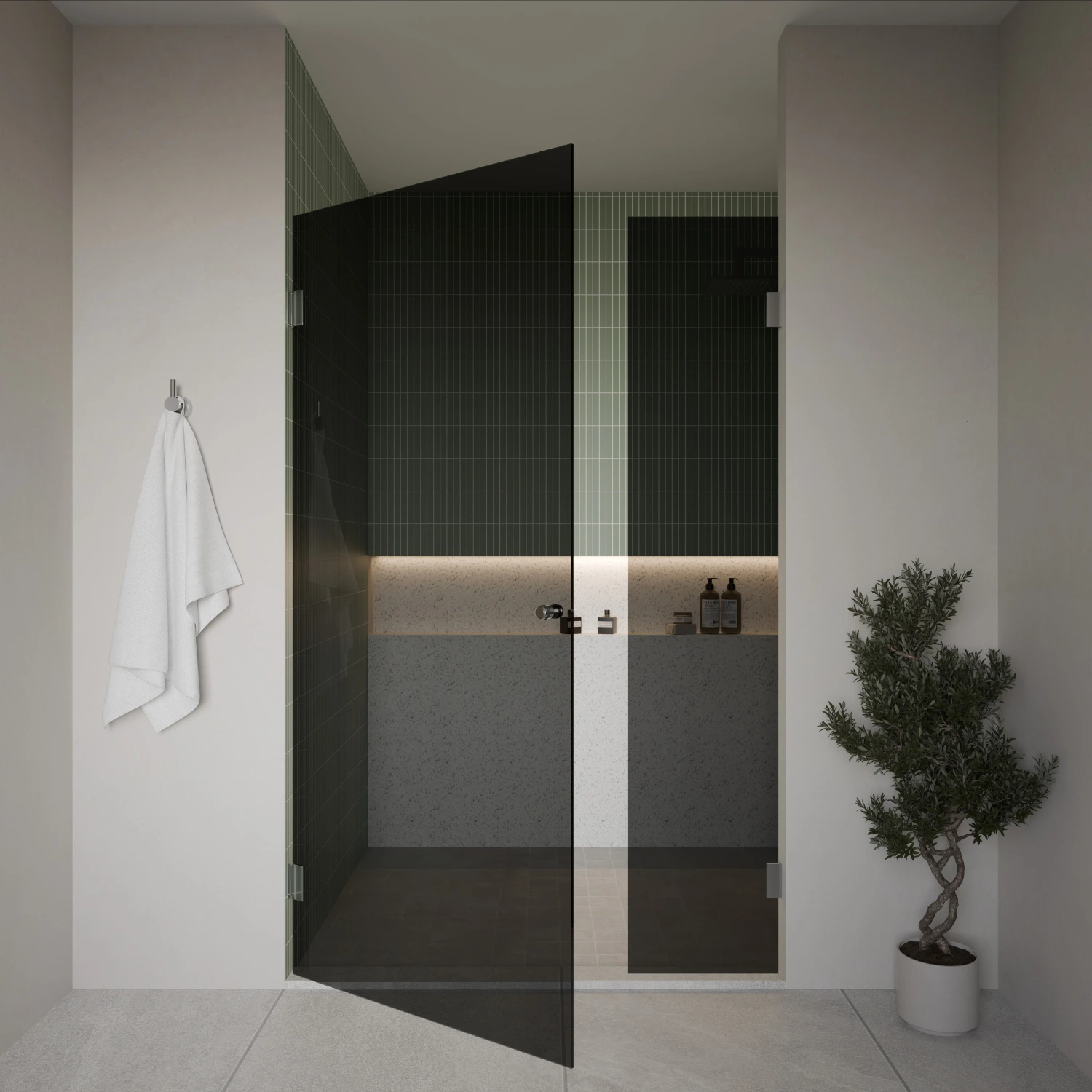 Duschtür mit Festteil aus Glas in Dark Grey mit verchromten Beschlägen
