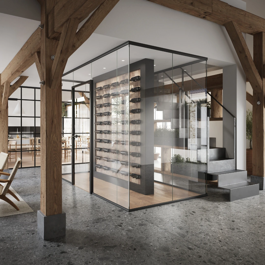 Glastrennwand mit Tür und schwarzen Profilen