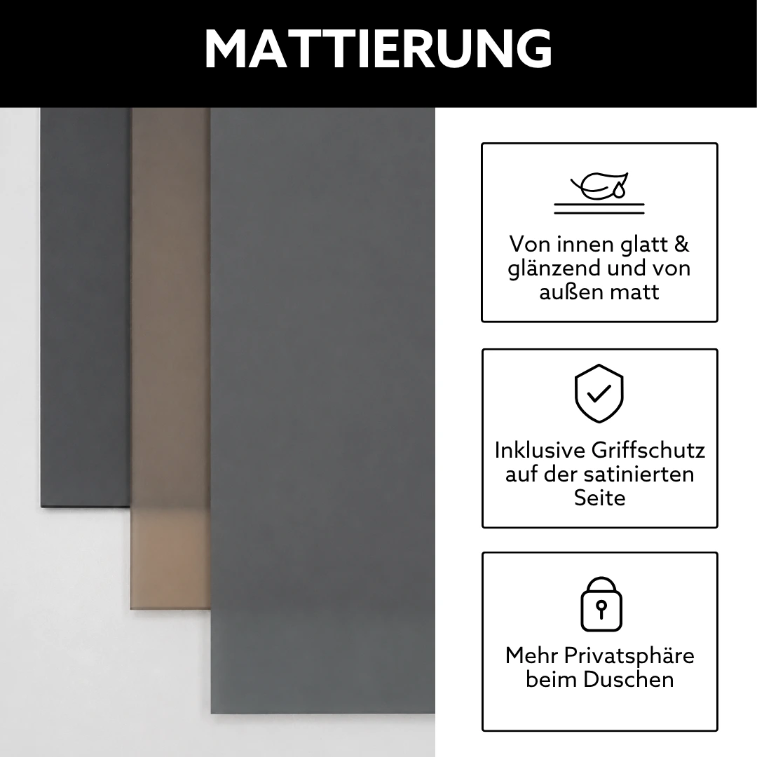 Walk In Dusche mit mattierter Glaswand für mehr Privatsphäre, modernes Design im Badezimmer und dezente Lichtdurchlässigkeit