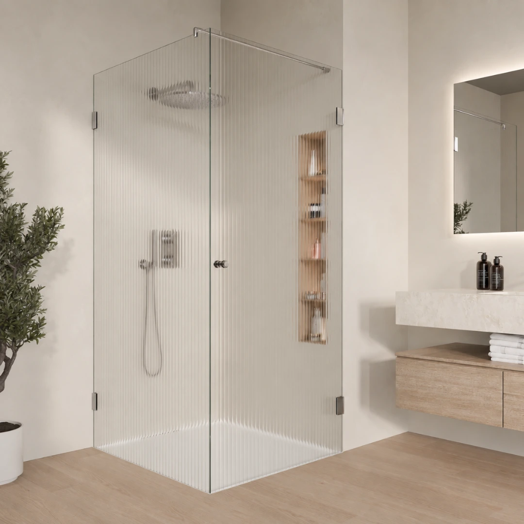 Eckdusche aus Riffelglas mit Chrom-Beschlägen und Regendusche in modernem Badezimmer