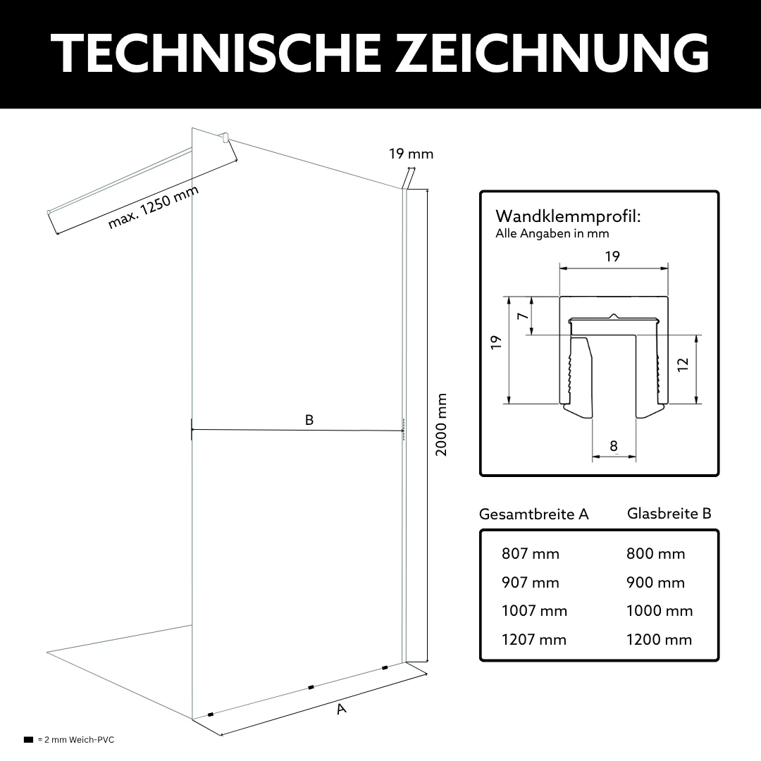 Walk In Dusche in Standardmaßen aus satiniertem Glas