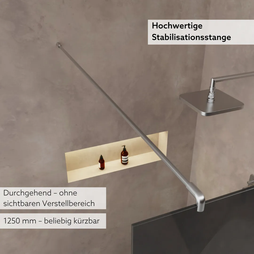 Walk In Dusche mit grauem Glas, Edelstahloptik Beschlägen und Stabilisationsstange, modernes Design und stabile Konstruktion für das Badezimmer