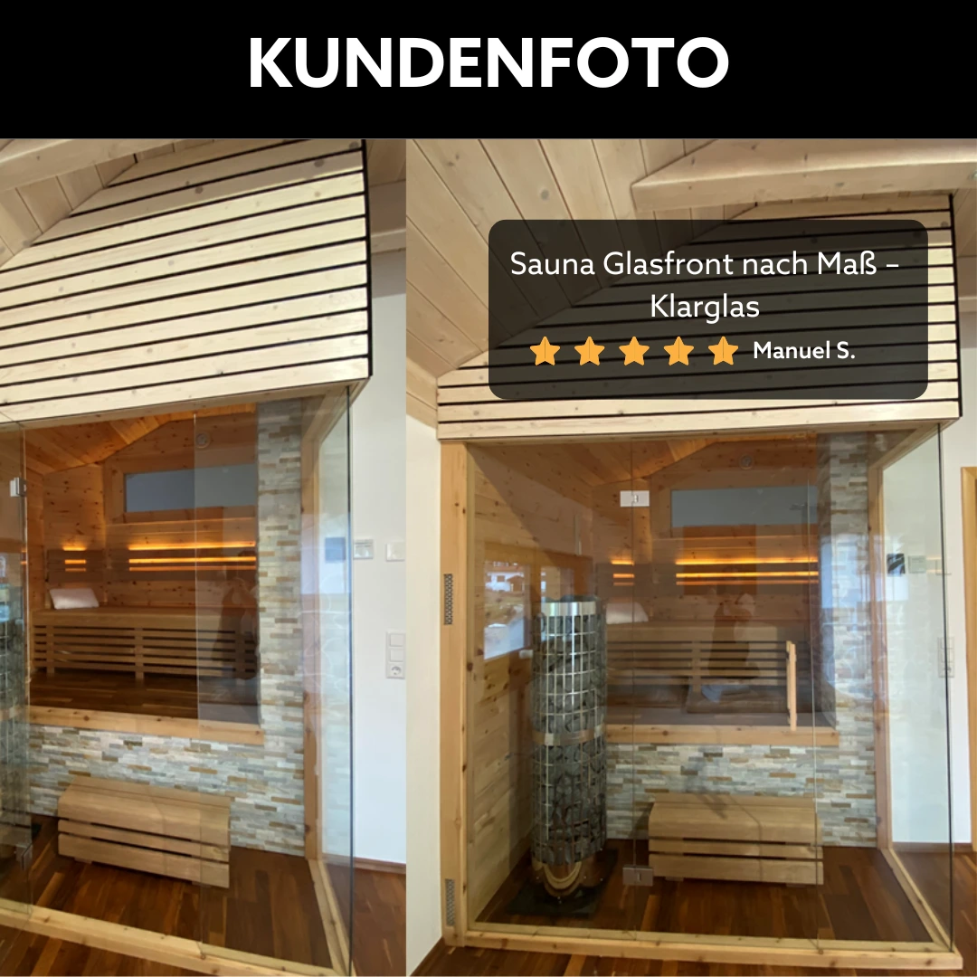 Sauna mit klarer Glasfront in moderner Umgebung aus Holz und Steinen