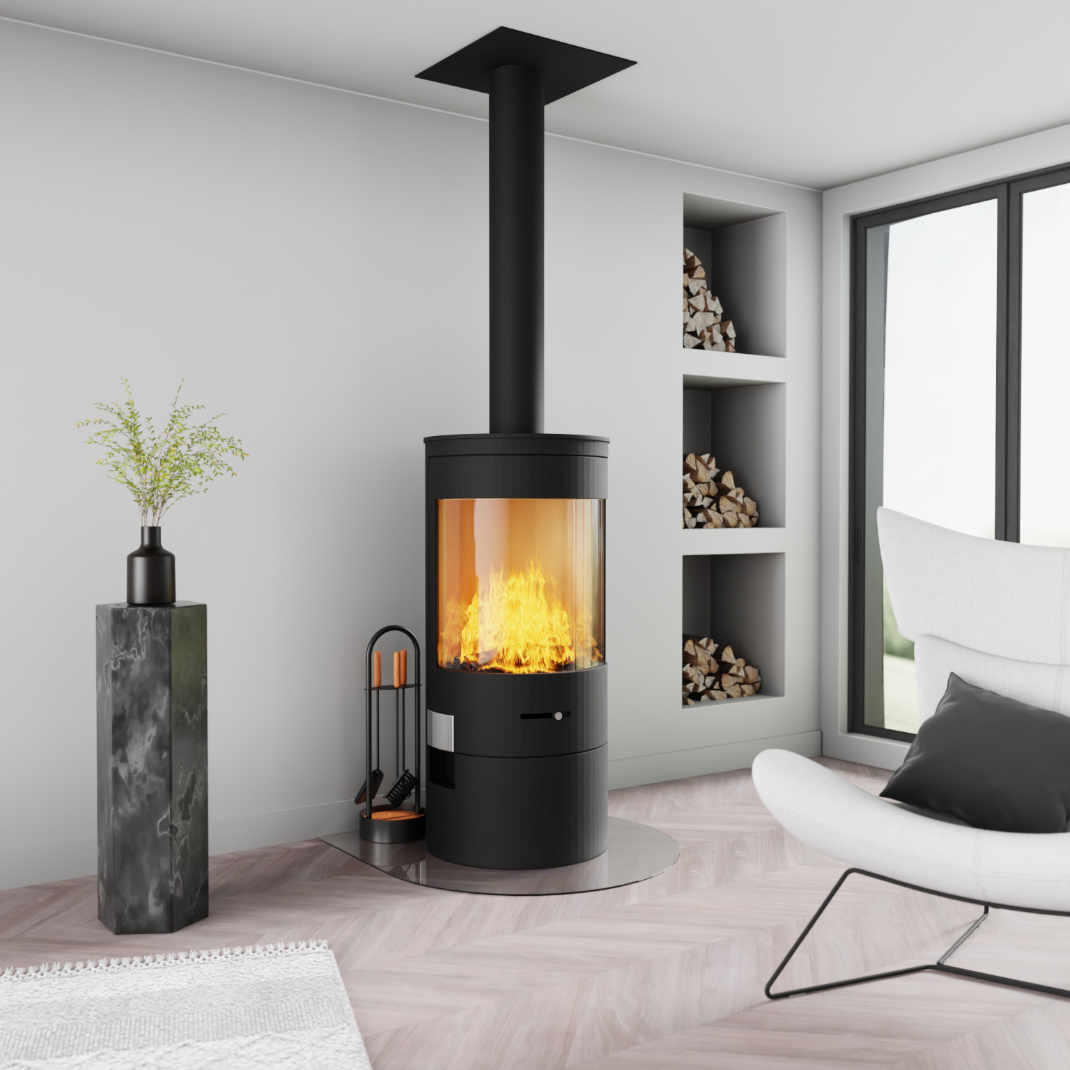 Tropfen-Funkenschutzplatte aus grau getöntem Glas unter Kamin in modernem Wohnzimmer