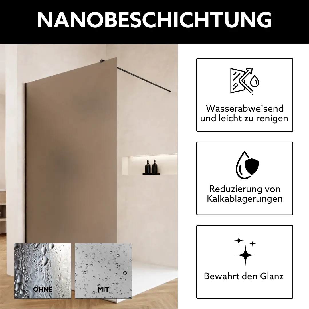 Walk In Dusche mit Nanobeschichtung auf Glas für einfache Reinigung, wasserabweisende Oberfläche und weniger Kalkablagerungen im modernen Badezimmer