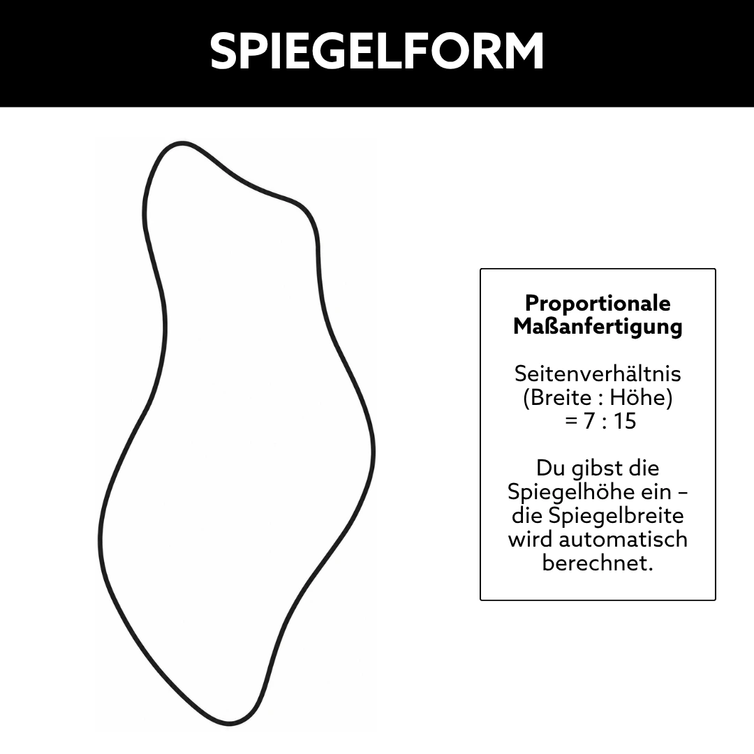 Spiegelform eines organischen Spiegels nach Maß, technische Darstellung der asymmetrischen Form mit proportionaler Maßanfertigung für individuelle Wunschgrößen