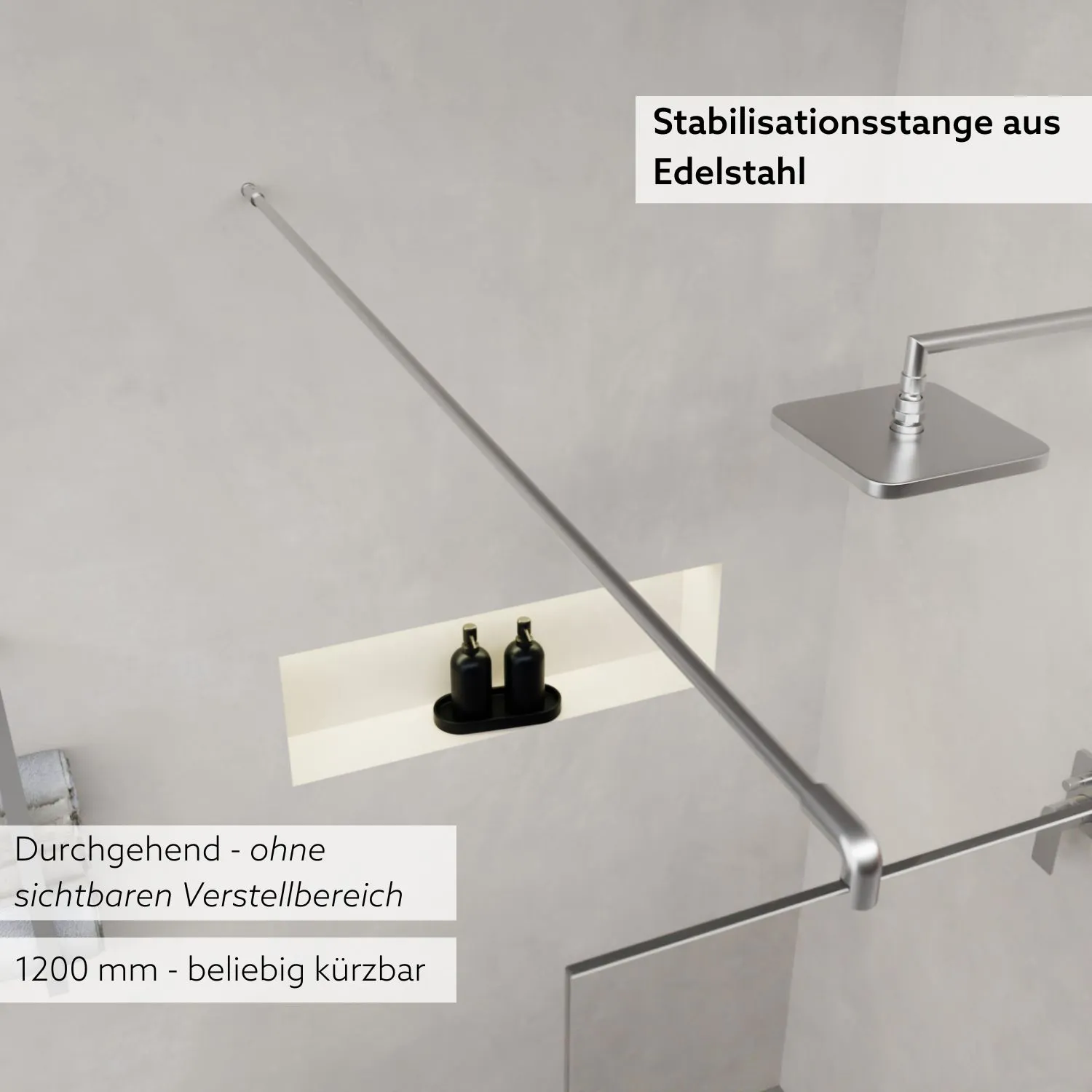 Nahaufnahme Walk In Dusche mit Dekor und mit edelstahlfarbenen Beschlag