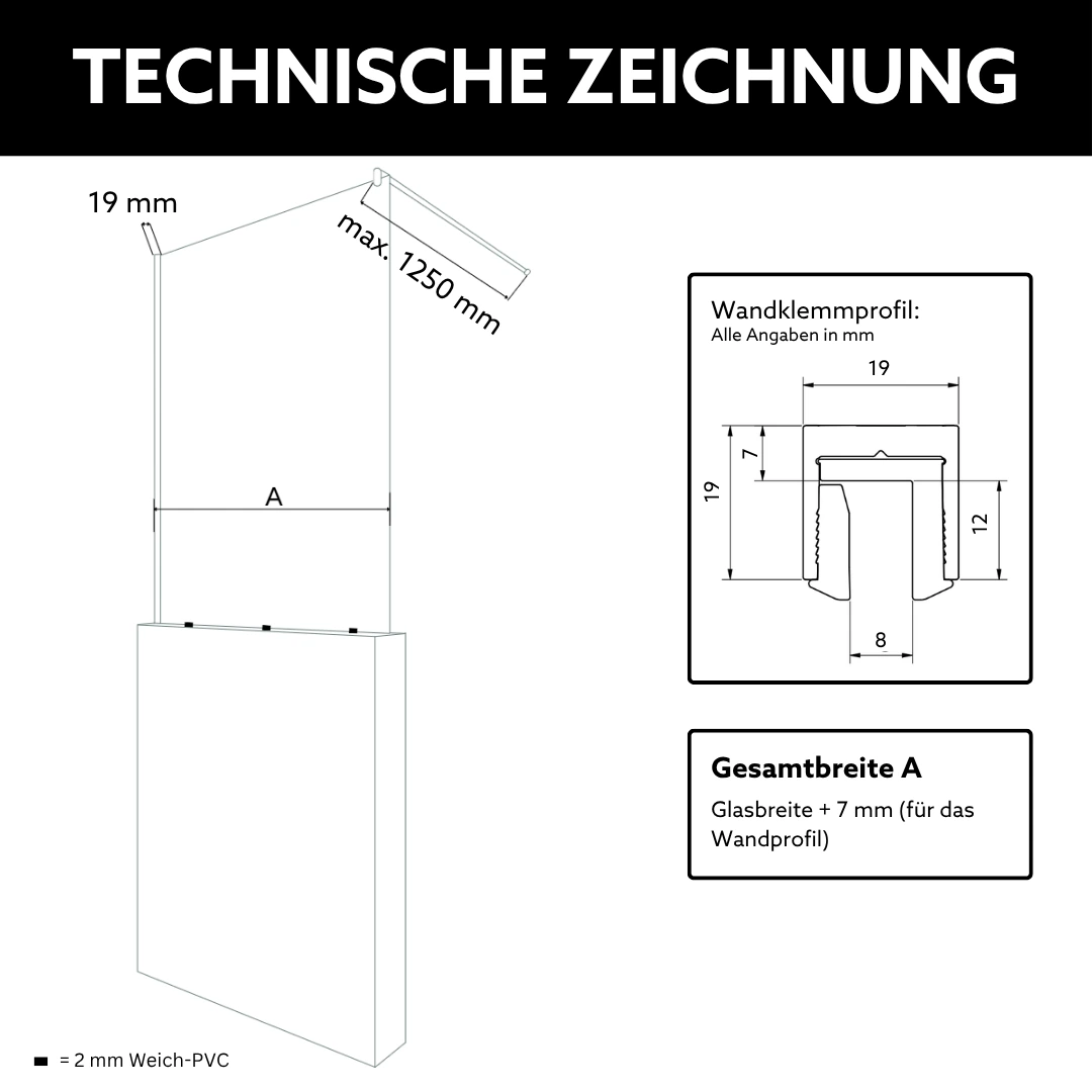 Technische Skizze Duschabtrennung auf Mauer