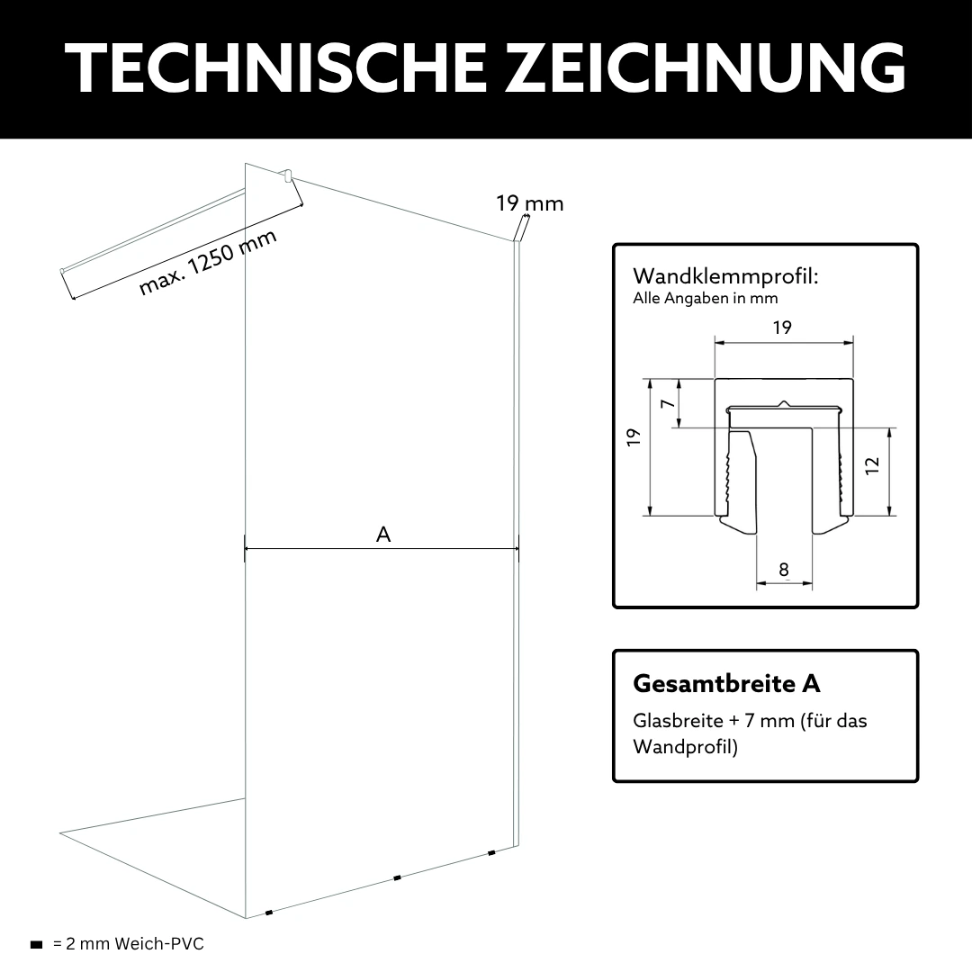 Technische Zeichnung Walk In Dusche nach Mass