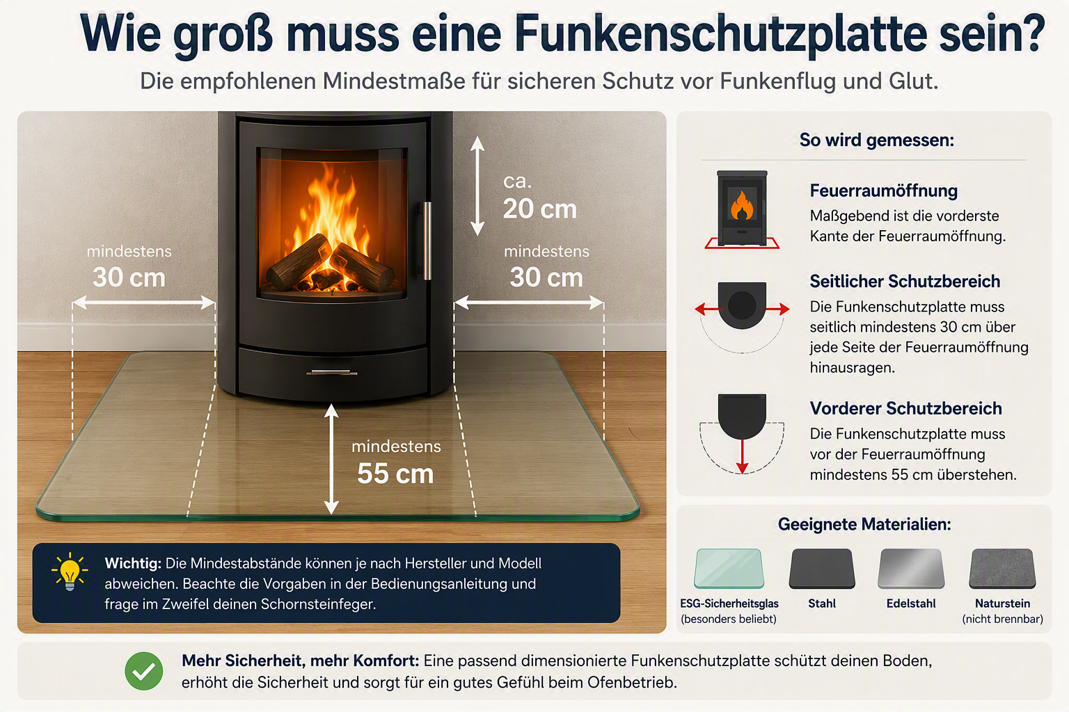 Funkenschutzplatte mit 20 cm Wandabstand, 30 cm seitlichem Schutzbereich und 55 cm vor der Feuerraumöffnung