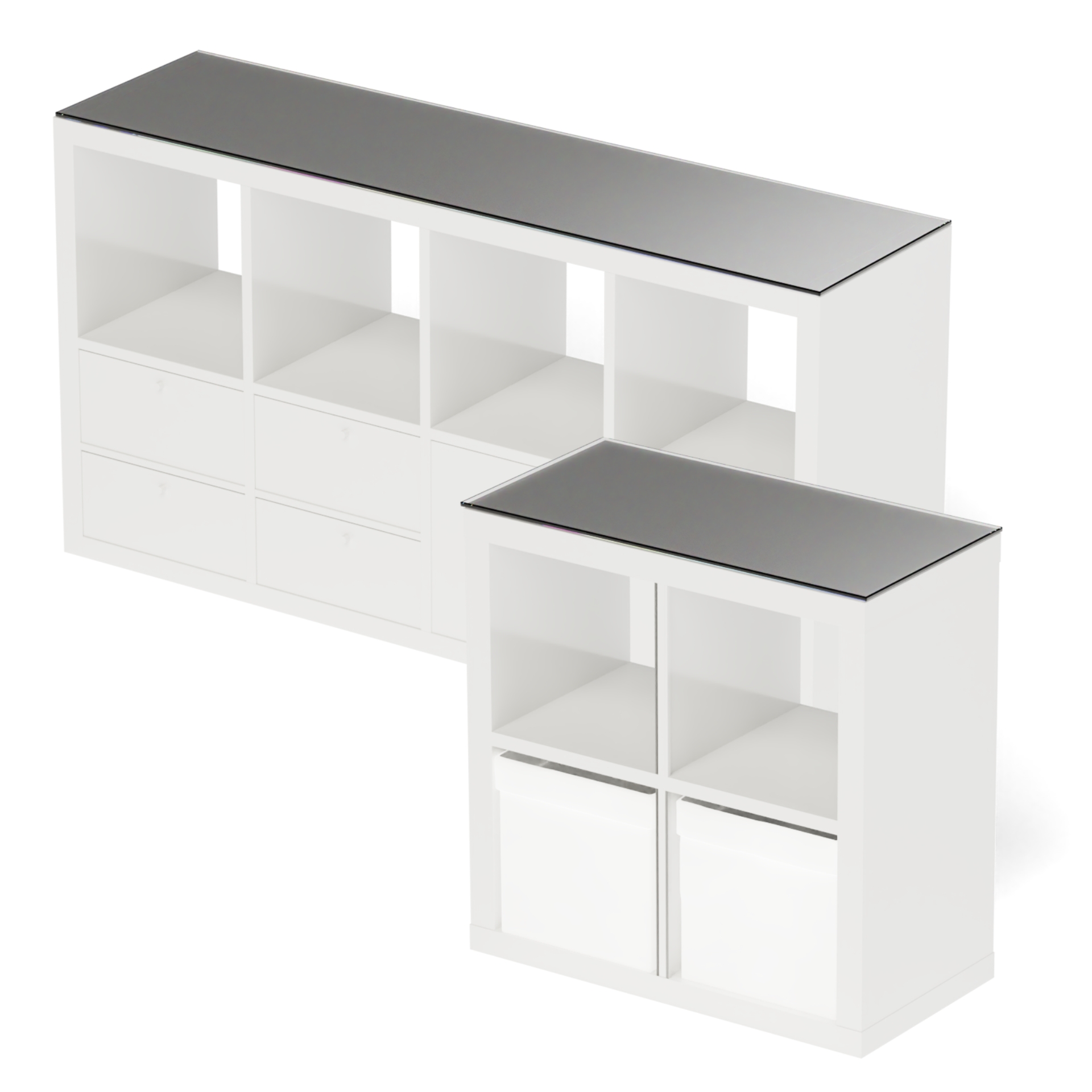Weißes IKEA Kallax Regal mit Grauglasplatten zum Schutz