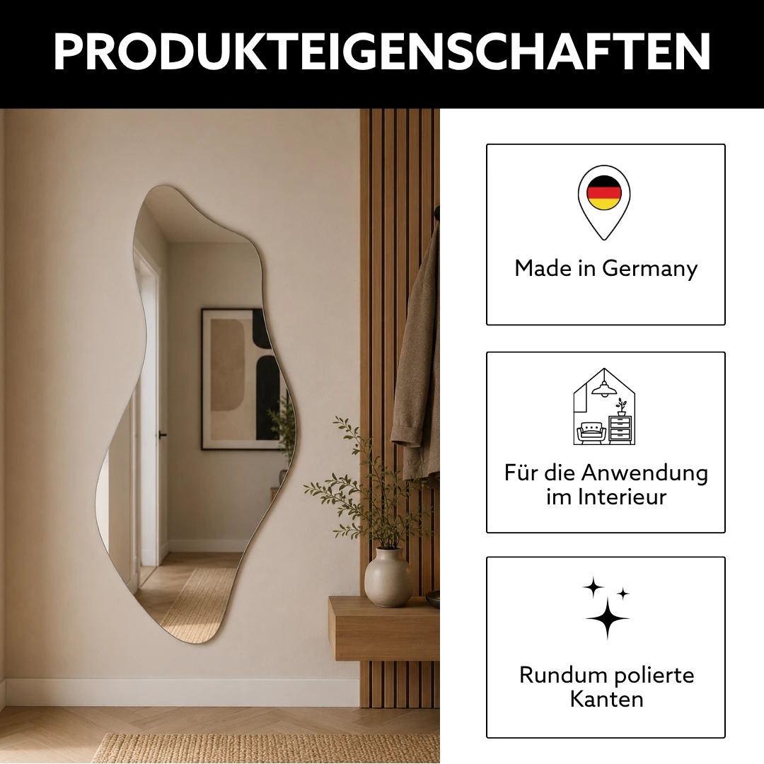 Organischer Spiegel in ovaler Form mit asymmetrischem Design, inklusive Produkteigenschaften Made in Germany, für den Einsatz im Interieur und mit rundum polierten Kanten