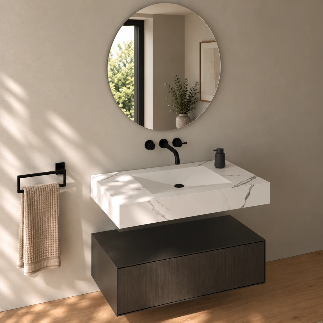 Keramik Waschtisch nach Maß in Carrara Luxe mit integriertem Waschbecken, weiße Marmoroptik mit feiner grauer Maserung und schwebendem Unterschrank für moderne Badezimmer