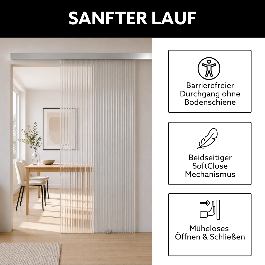 Glasschiebetür aus Riffelglas mit SoftClose-Funktion – sanfter und geräuscharmer Lauf dank hochwertigem Schienensystem