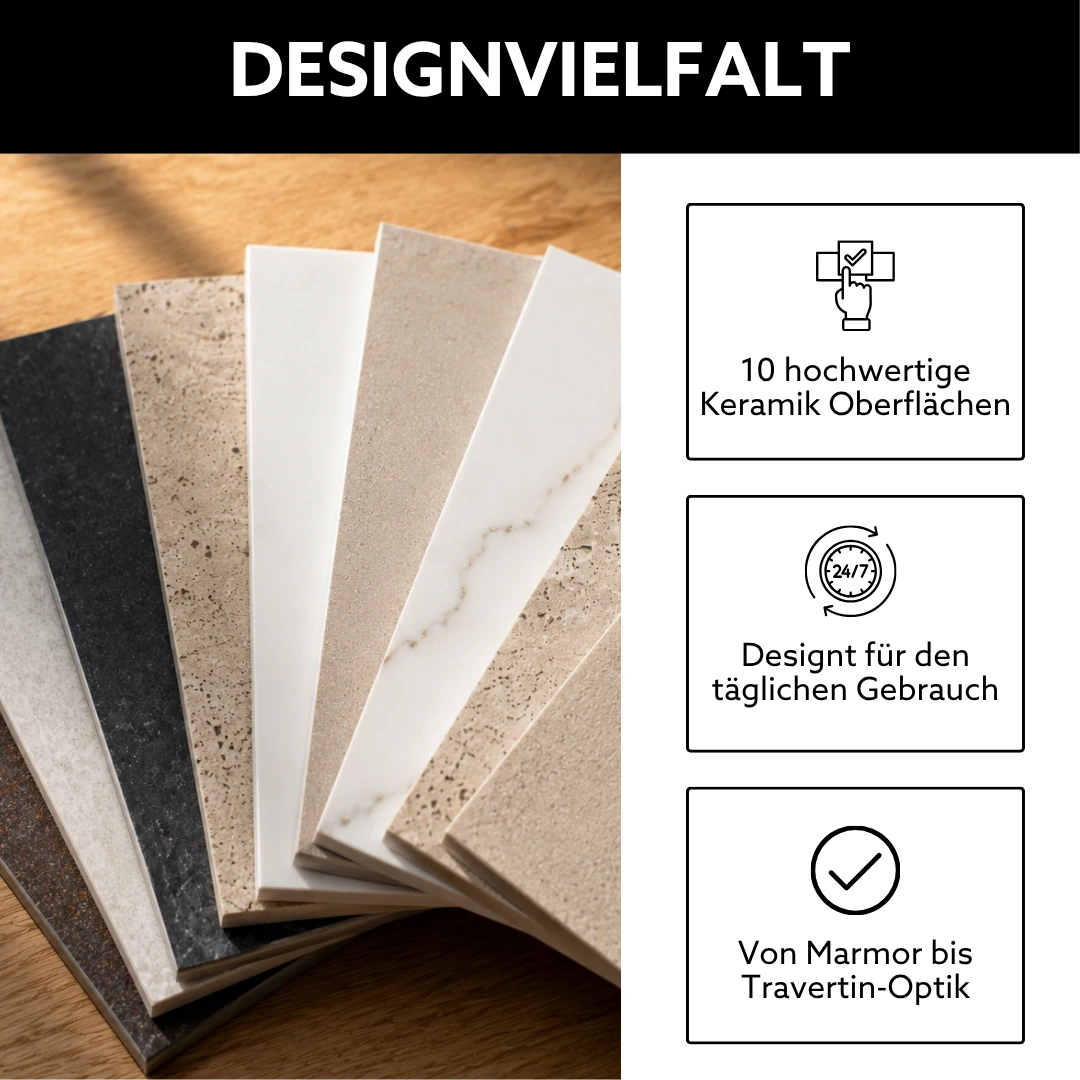 Keramik Waschtisch nach Maß mit vielfältigen Designoptionen, Auswahl aus 10 hochwertigen Keramikoberflächen von Marmor- bis Travertinoptik für individuelle Badezimmergestaltung