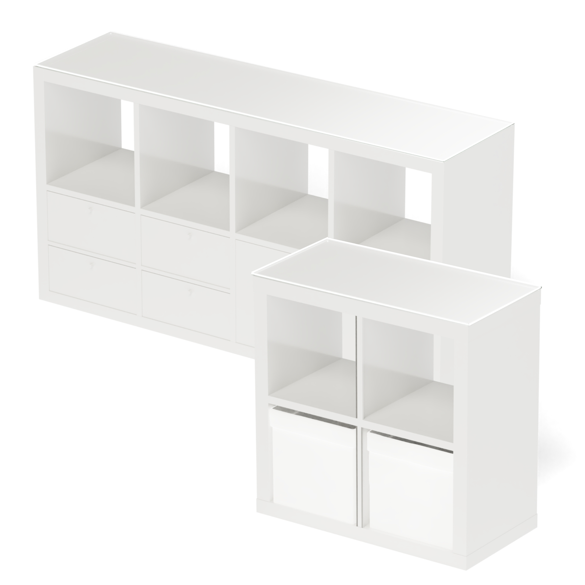 Weißes IKEA Kallax Regal mit Weißglasplatten zum Schutz