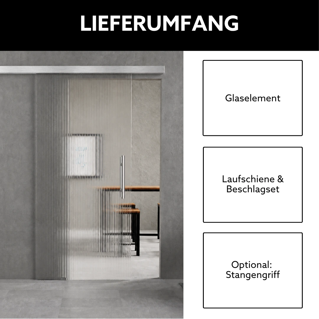 Lieferumfang der Glasschiebetür aus Riffelglas – Komplettset mit Glastür, Laufschiene, SoftClose-Mechanismus, Griffmuschel und Montagezubehör