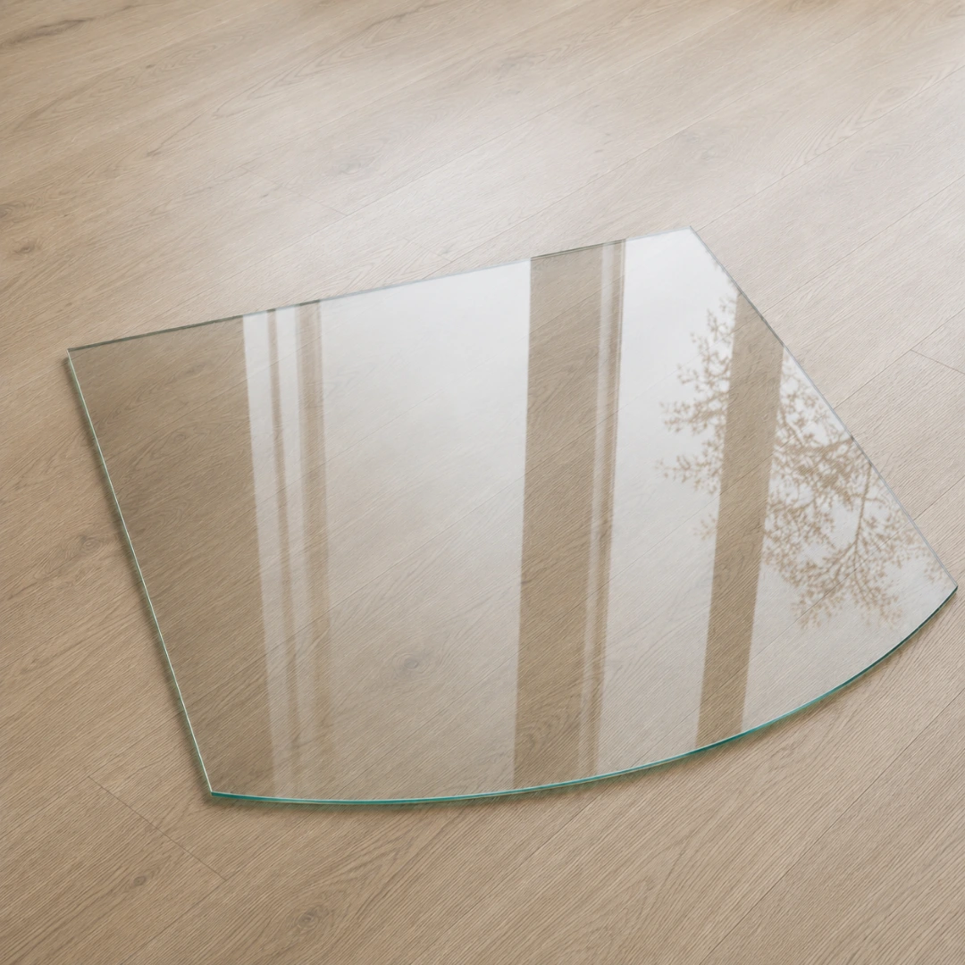 Funkenschutzplatte aus Klarglas in Segmentbogenform, transparente Glasplatte als Bodenschutz vor dem Kamin auf hellem Holzboden