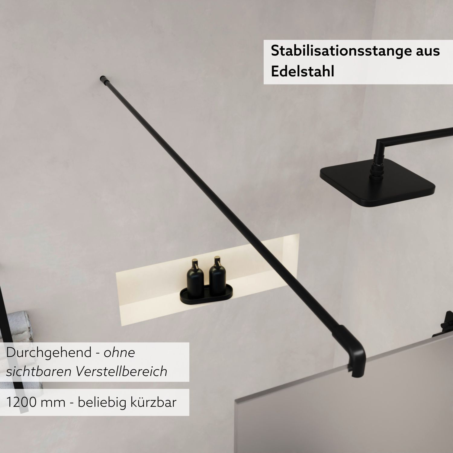 Duschtrennwand aus Milchglas von oben mit schwarzer Stabilisierungsstange