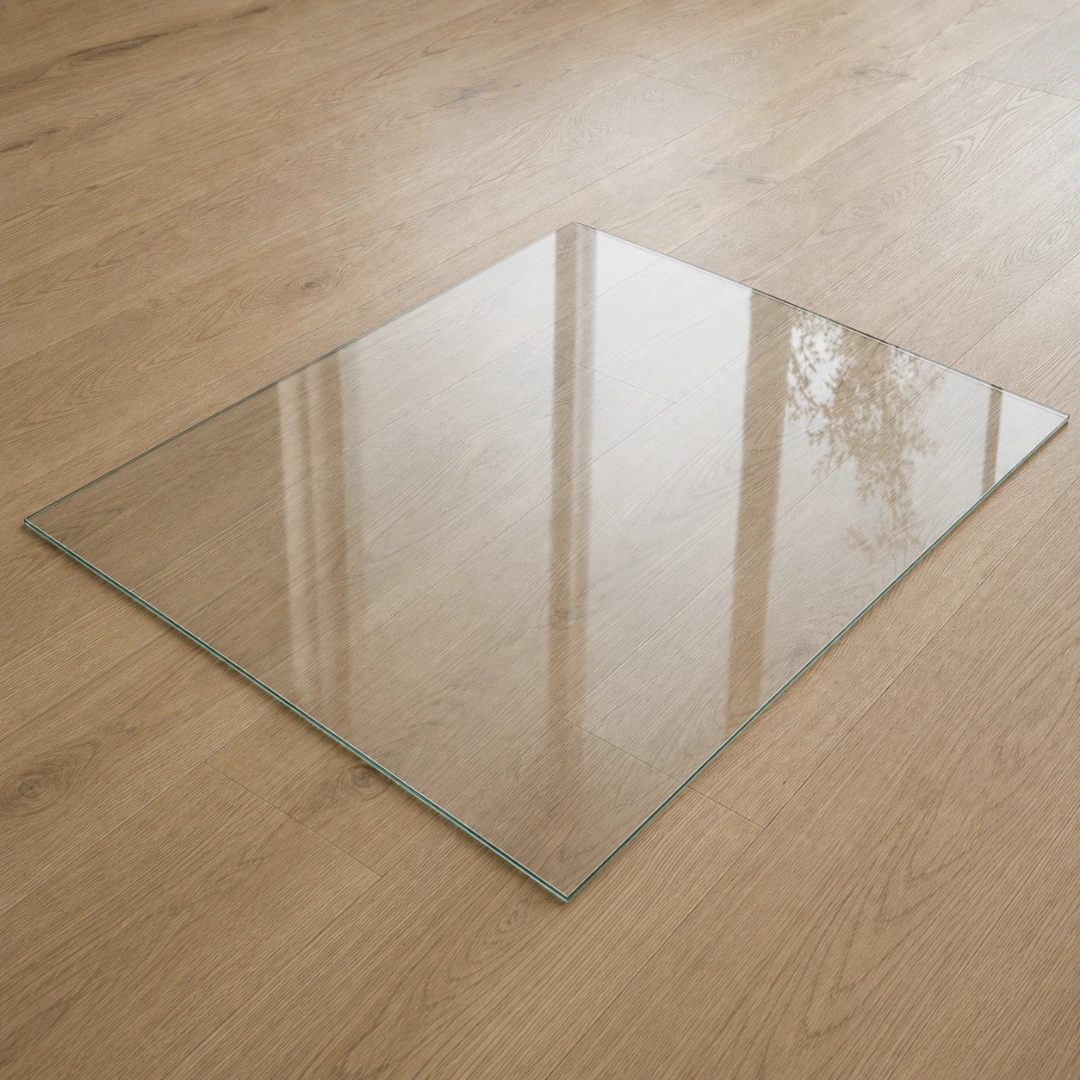 Funkenschutzplatte aus Klarglas in rechteckiger Form, transparente Glasplatte als Bodenschutz vor dem Kamin auf hellem Holzboden