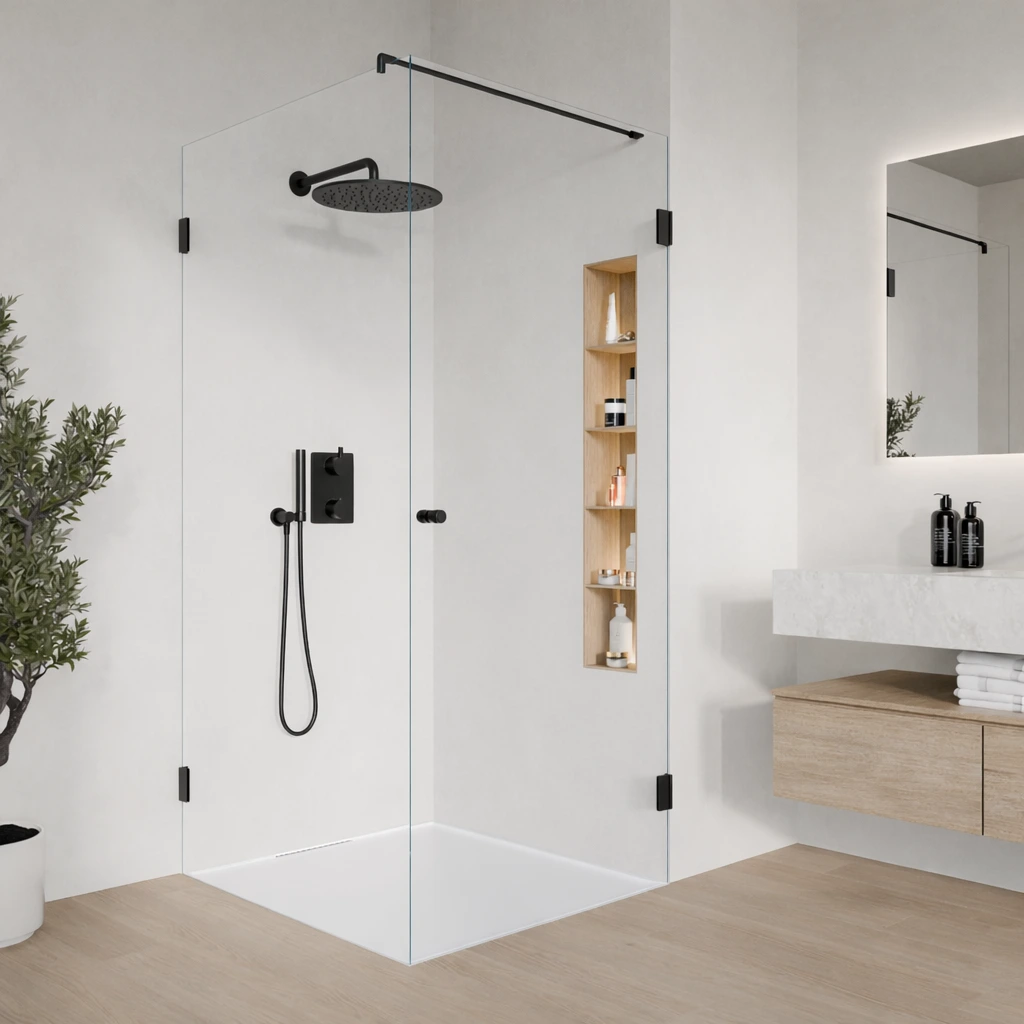 Eckdusche nach Maß aus Weißglas mit Drehtür und Festteil