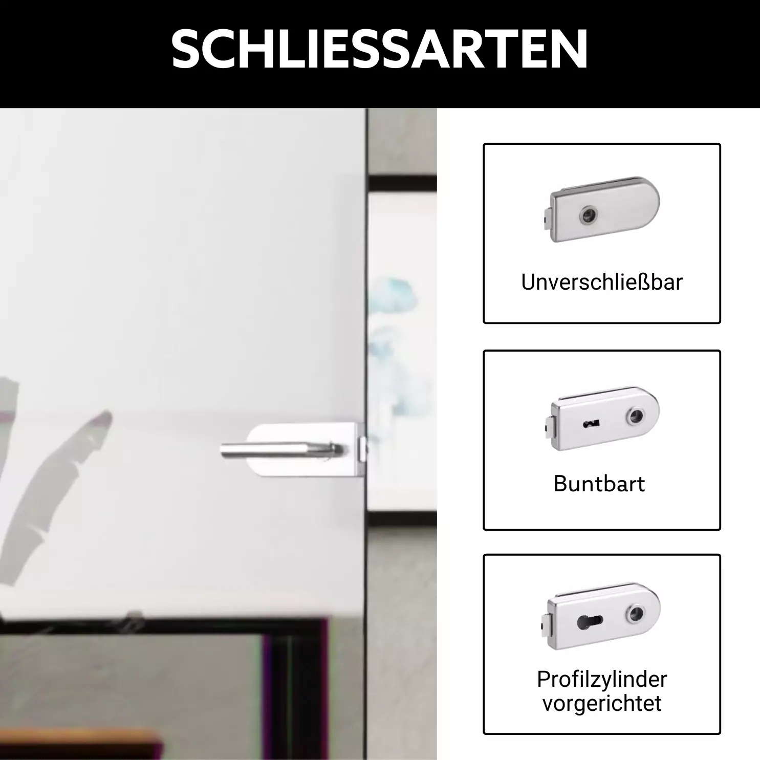 Übersicht über die Schließarten eines Glastürschlosses
