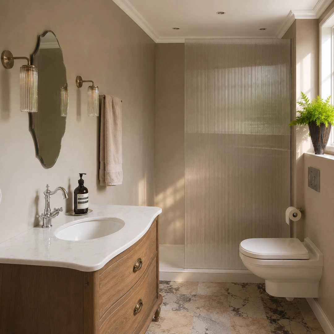 Detailaufnahme einer Walk In Dusche aus geriffeltem Glas, strukturierte Glasoberfläche mit dekorativem Sichtschutz und hochwertiger Optik für das moderne Badezimmer