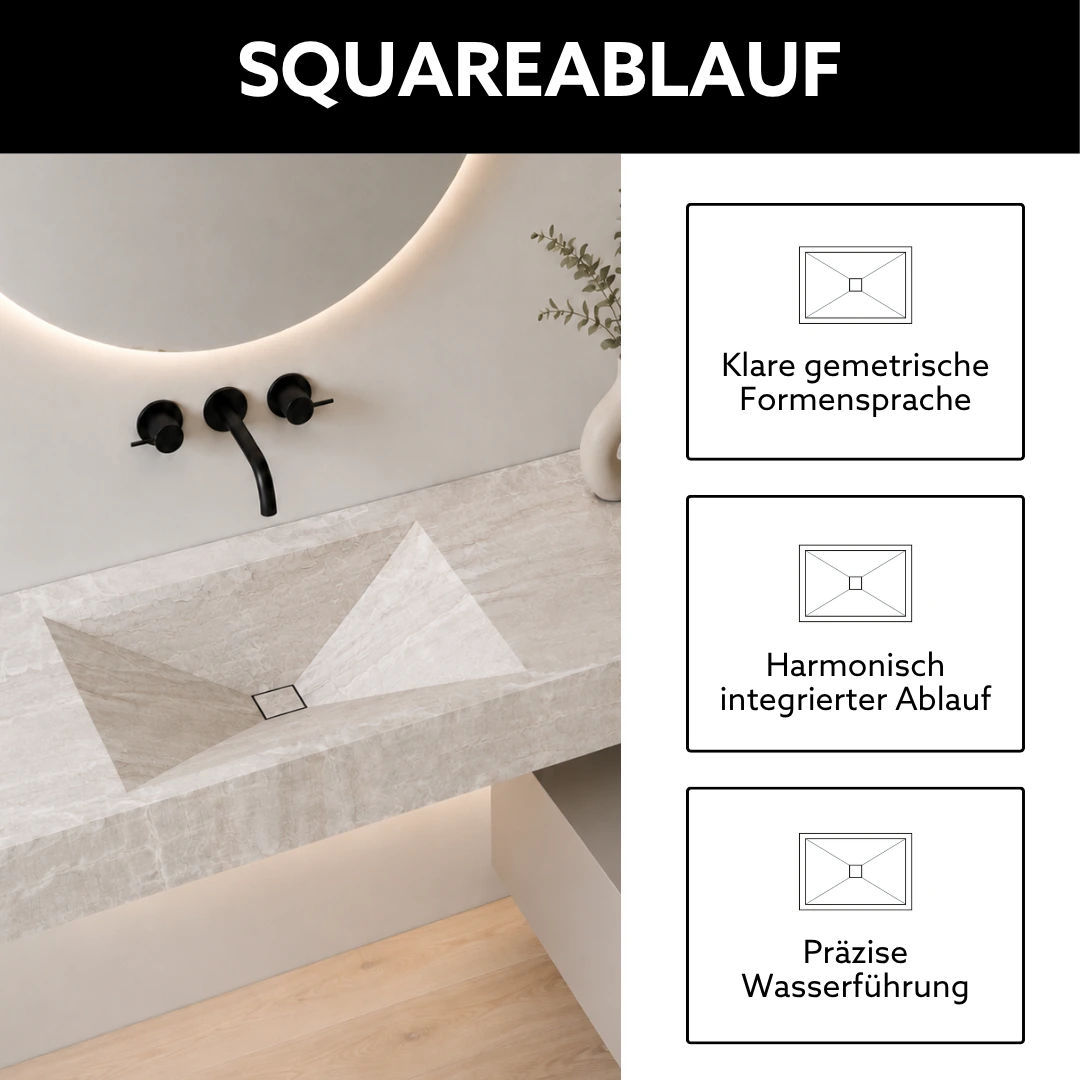 Keramik Waschtisch nach Maß mit quadratischem Square Ablauf, harmonisch integrierter Ablauf mit klarer geometrischer Formensprache und präziser Wasserführung für moderne Badezimmer