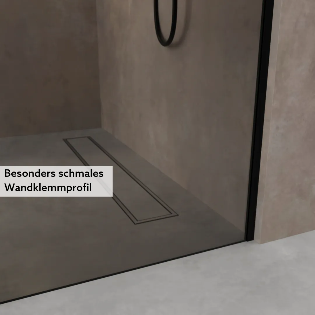 Walk In Dusche mit grauem Glas und schwarzem Wandprofil, stabile Befestigung und modernes Design für das Badezimmer