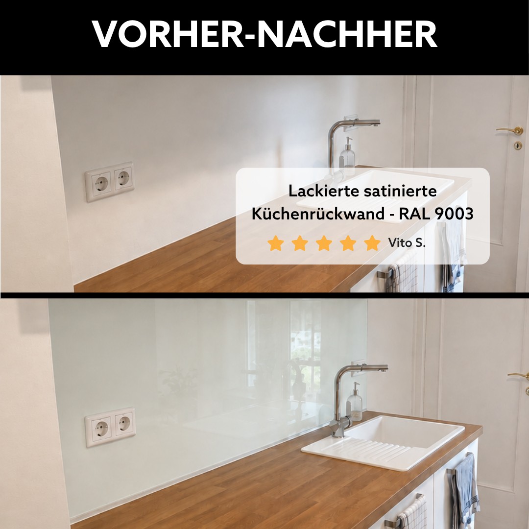 Kundenreferenz einer satinierten Küchenrückwand aus Glas in Signalweiß (RAL 9003), Vorher-Nachher-Vergleich einer modernen Glasrückwand mit Steckdosenausschnitten in der Küche