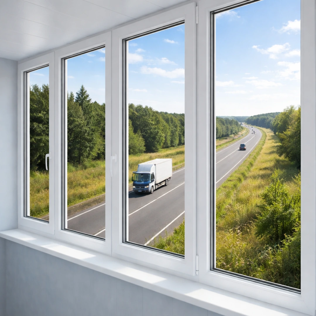 Fensterfront zu befahrener Landstraße