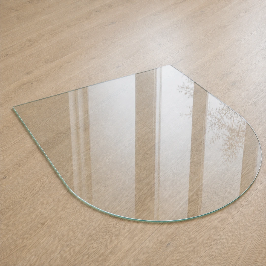 Funkenschutzplatte aus Klarglas in Rundbogenform, transparente Glasplatte als Bodenschutz vor dem Kamin auf hellem Holzboden