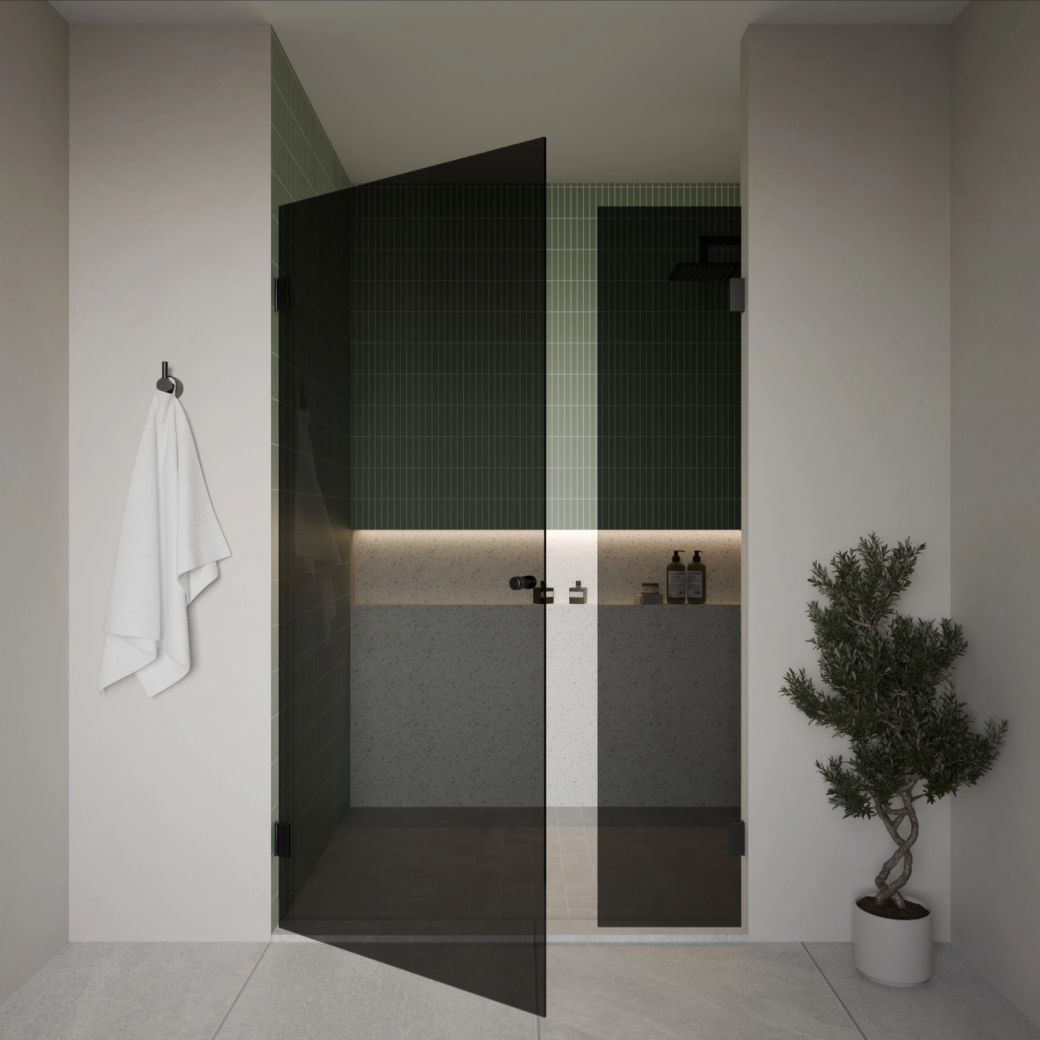 Duschtür mit Festteil aus Glas in Dark Grey mit schwarzen Beschlägen