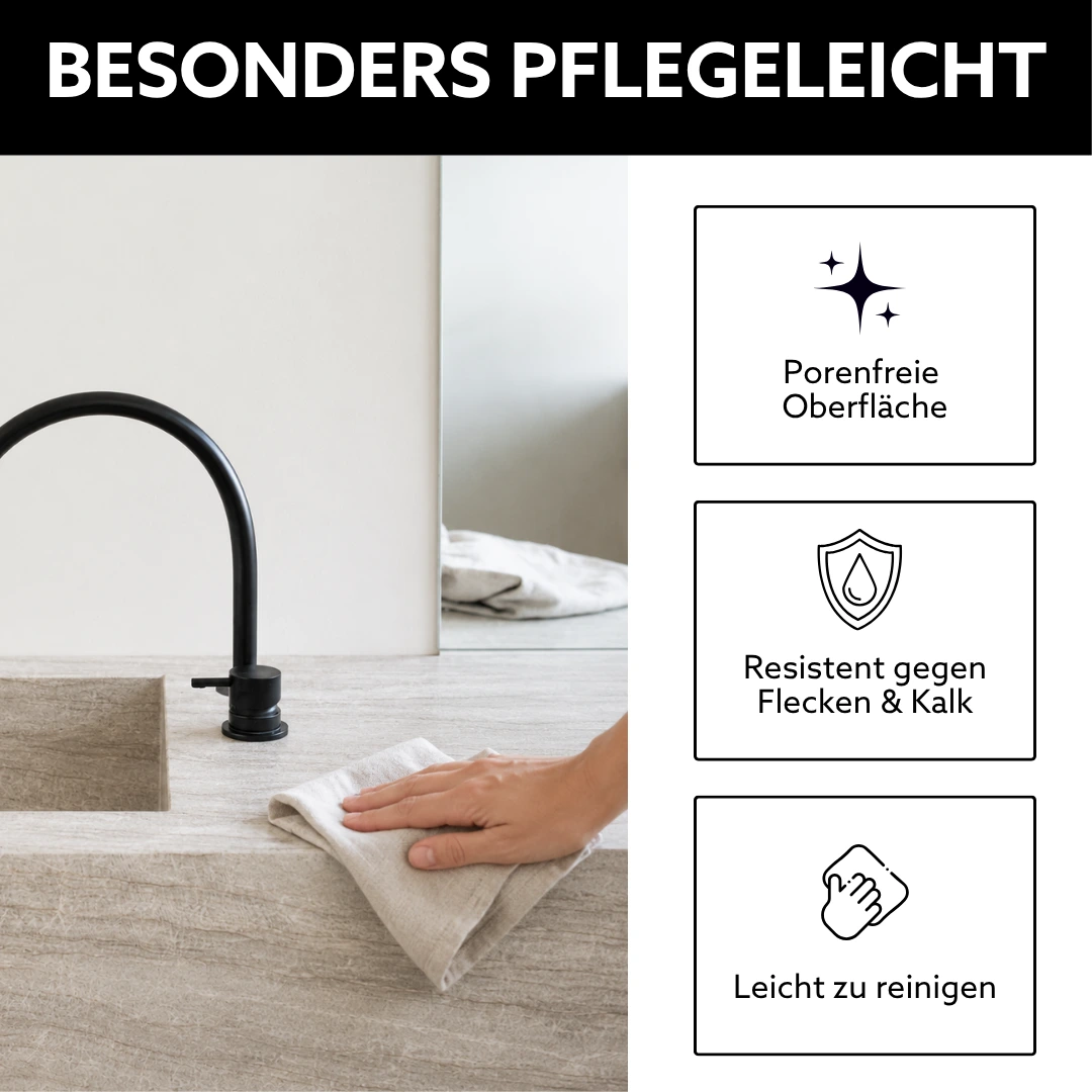 Keramik Waschtisch nach Maß mit pflegeleichter Oberfläche, porenfreies Material, widerstandsfähig gegen Flecken und Kalk sowie besonders einfach zu reinigen