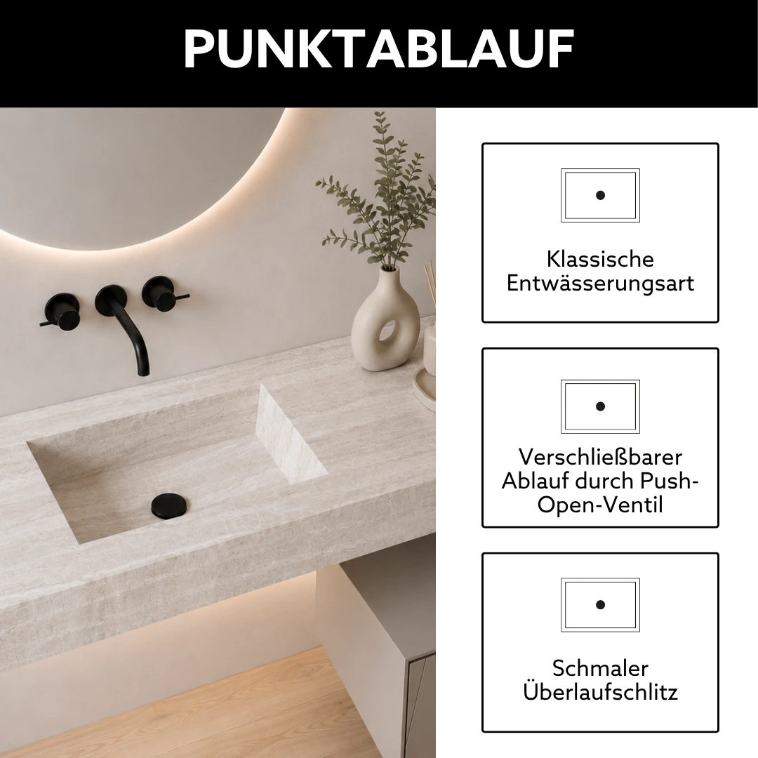 Keramik Waschtisch nach Maß mit rundem Punktablauf, klassische Entwässerungsart mit optional verschließbarem Ablauf und schmalem Überlaufschlitz für moderne Badezimmer