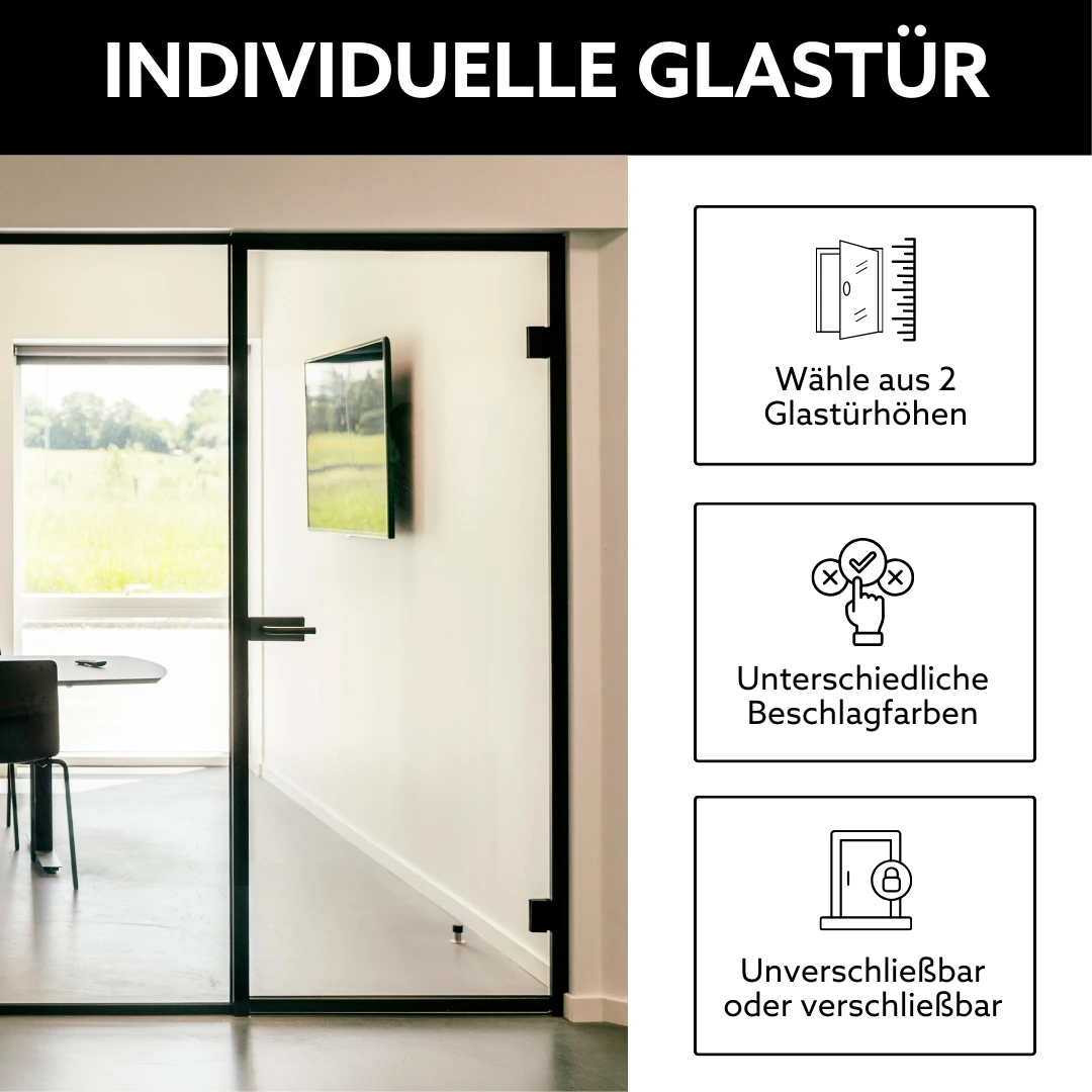 Glastür mit schwarzen Beschlägen in Glastrennwand Büro
