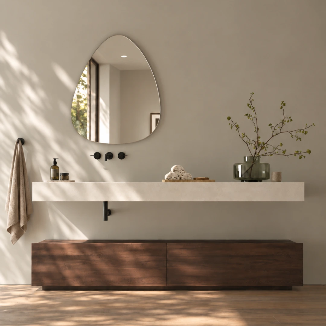 Keramik Waschtisch nach Maß in Lunar White mit integriertem Waschbecken, schwebende Ausführung und helle, minimalistische Gestaltung für moderne Badezimmer