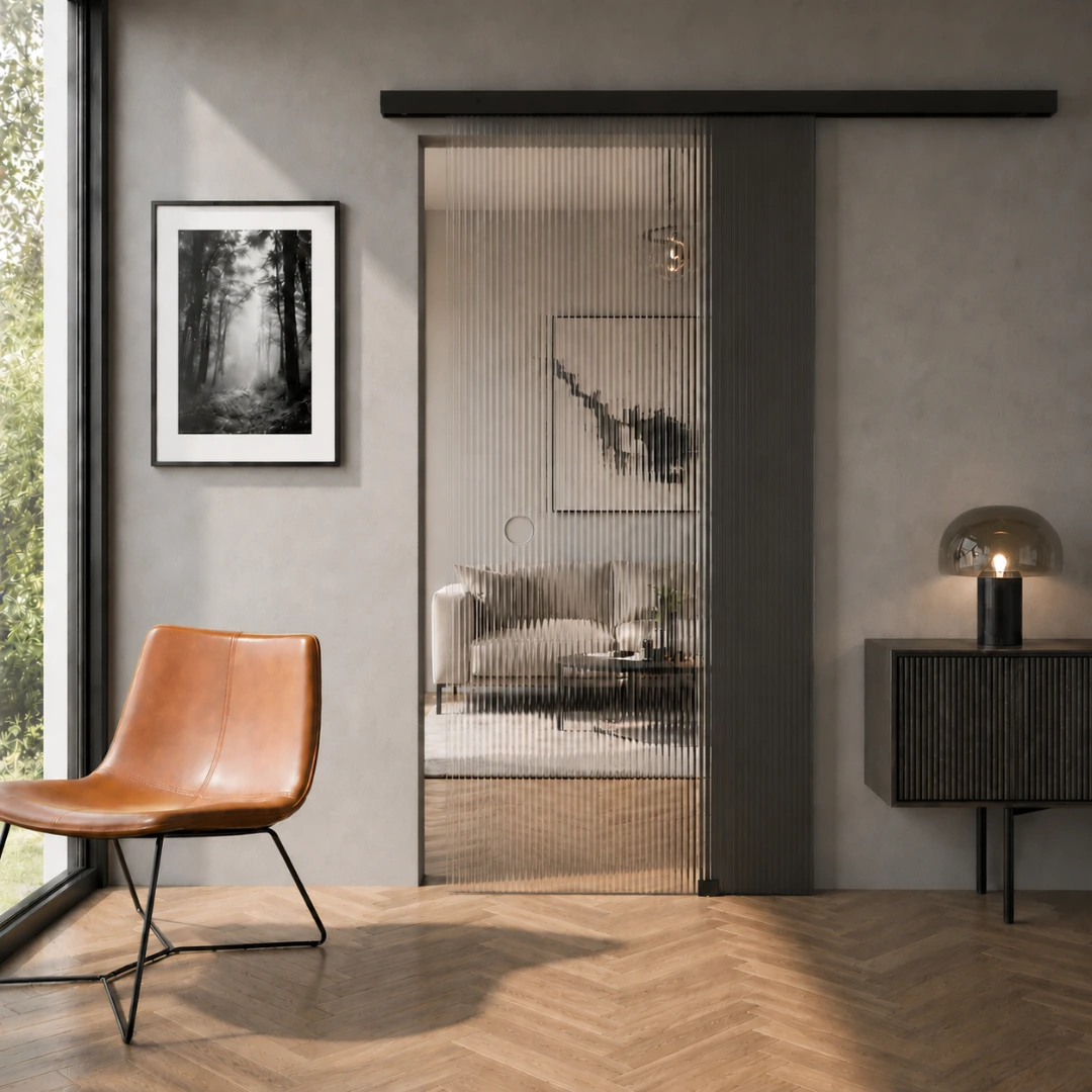 Schiebetür aus Riffelglas mit schwarzen Beschlägen, strukturierte Glasoberfläche für Sichtschutz und modernes Design im Innenbereich