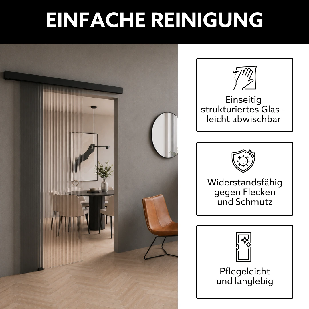 Reinigung einer Glasschiebetür aus Riffelglas – pflegeleichte Schiebetür nach Maß mit glatter Innenseite und einfacher Glasreinigung